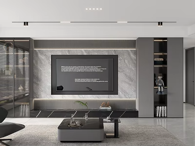 Modern Living Room TV Wall Design With Marble Panel LED Lighting And Display Shelves 3d model