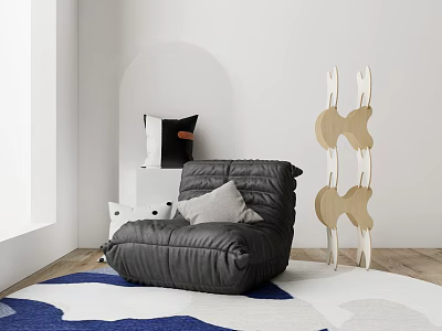 Modern Black Bean Bag Chair With Gray Pillow And Wooden Shelf On Blue White Rug 3d model