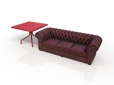 Modern Furniture Set Featuring Red Square Table And Burgundy Tufted Sofa 3d model