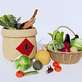 Assorted Fresh Vegetables in Traditional Sack and Woven Basket with Scattered Produce