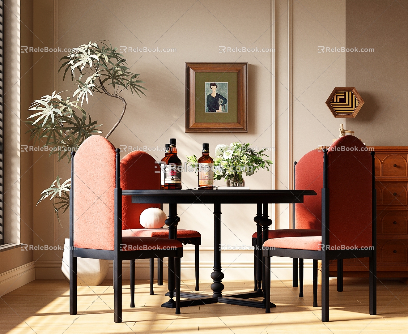 French Middle Ancient Dining Table and Chair Combination French Middle Ancient Dining Table French Middle Ancient Dining Chair Plant Decorative Painting Sideboard Wine Vase 3d model