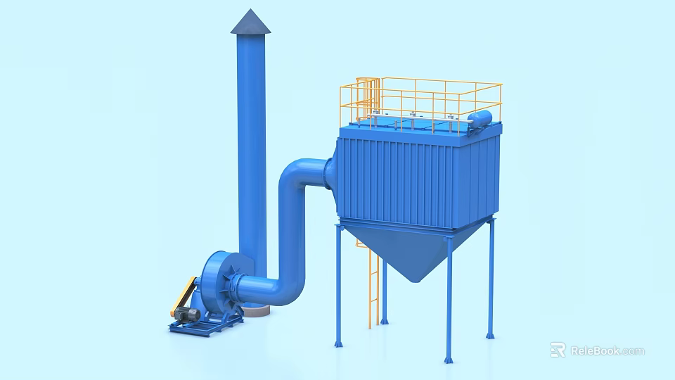 Blue Industrial Equipment With Chimney Pipeline Yellow Guardrail Platform And Ladder 3d model 