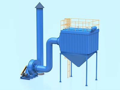 Blue Industrial Equipment With Chimney Pipeline Yellow Guardrail Platform And Ladder 3d model