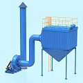 Blue Industrial Equipment With Chimney Pipeline Yellow Guardrail Platform And Ladder