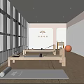 Yoga Pilates Studio With Reformers Exercise Balls Yoga Mats Mirrors Wooden Floors White Curtains And Lighting