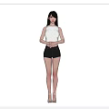 Three Quarter Back Front View Of Woman In White Lace Top And Black Shorts