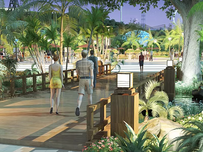 Natural Park Landscape with Wooden Walkway Lush Palm Trees People Walking and Railings 3d model