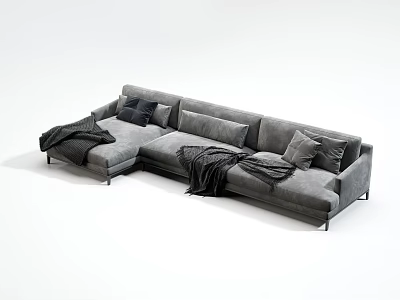 Modern L Shaped Sectional Sofa In Gray Fabric With Soft Pillows And Blanket 3d model
