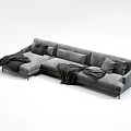 Modern L Shaped Sectional Sofa In Gray Fabric With Soft Pillows And Blanket