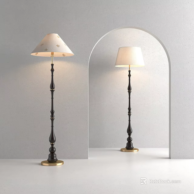 Elegant Modern Floor Lamp With Black Metal Pole Gold Base And Cream Lampshade 3d model 
