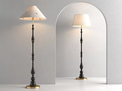 Elegant Modern Floor Lamp With Black Metal Pole Gold Base And Cream Lampshade 3d model