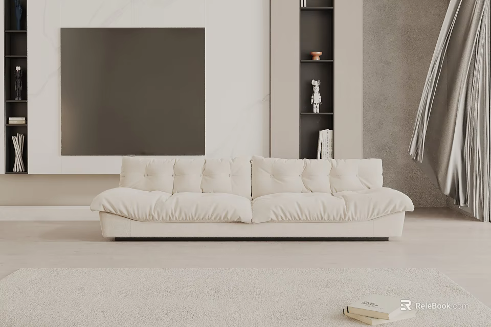 Cream Three Seater Sofa In Modern Living Room With Abstract Painting And Shelf Decor 3d model 