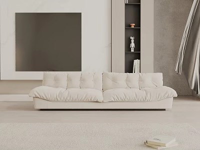 Cream Three Seater Sofa In Modern Living Room With Abstract Painting And Shelf Decor 3d model