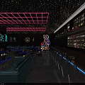 Modern Bar Interior With Neon Decor City Skyline View And Blue Lighting