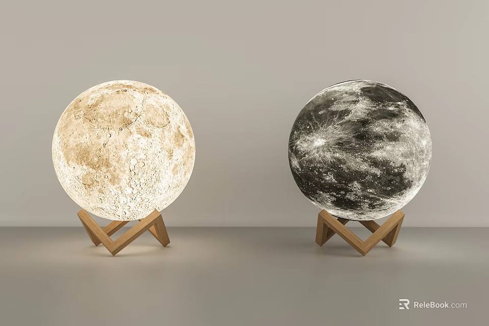 Two Moon Lamps Featuring Lunar Surface Texture And Wooden Triangle Stand In Light Dark Shades 3d model 