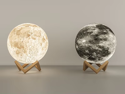 Two Moon Lamps Featuring Lunar Surface Texture And Wooden Triangle Stand In Light Dark Shades 3d model
