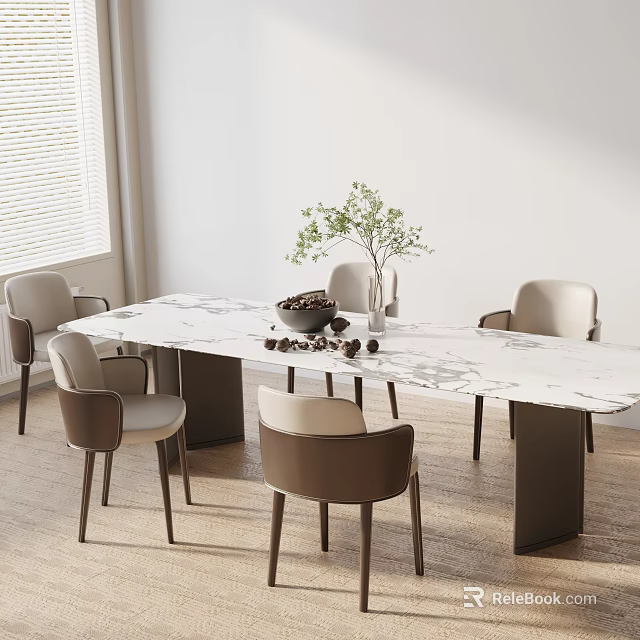 Modern Dining Table Set With Marble Top Beige Chairs And Green Plant Decor 3d model 