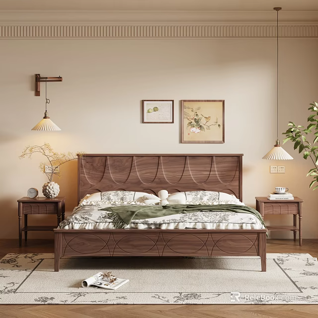 Cozy Wooden Double Bed with Patterned Bedding Nightstands Table Lamps and Paintings 3d model 