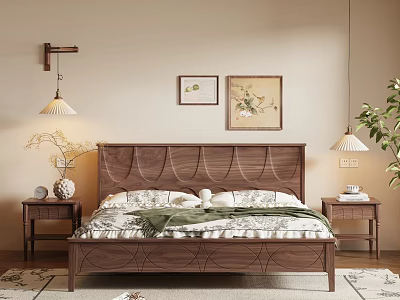 Cozy Wooden Double Bed with Patterned Bedding Nightstands Table Lamps and Paintings 3d model