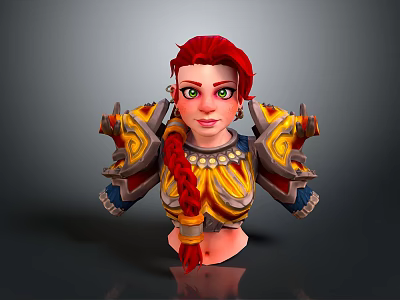 Game Character With Red Braided Hair Green Eyes And Ornate Yellow Blue Armor 3d model
