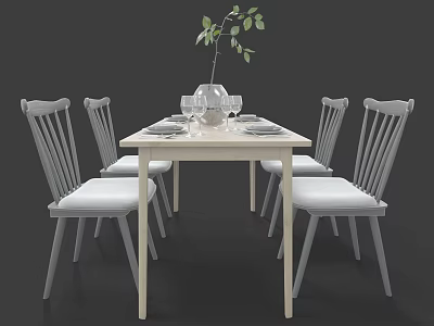 Modern Dining Table Set With Four Chairs And Tableware Decorated With Green Plant 3d model