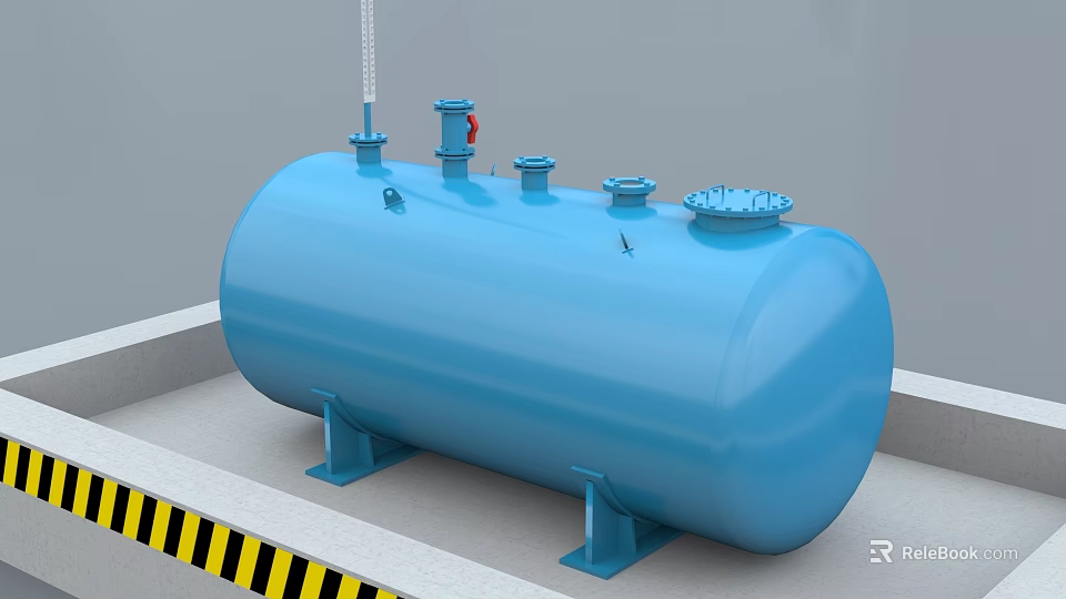 Blue Horizontal Industrial Storage Tank With Pipes Valves On Platform And Yellow Warning Stripes 3d model 