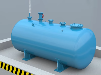 Blue Horizontal Industrial Storage Tank With Pipes Valves On Platform And Yellow Warning Stripes 3d model