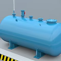 Blue Horizontal Industrial Storage Tank With Pipes Valves On Platform And Yellow Warning Stripes