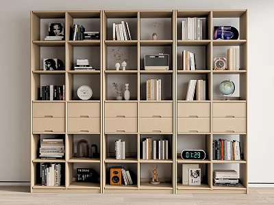 Modern Beige Bookcase With Open Shelves Drawers Books Decorative Items Clock And Frames 3d model