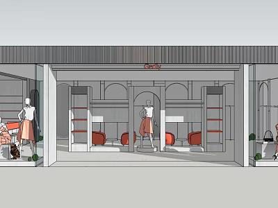 Stylish Clothing Store Front With Window Display Mannequins Shelves And Red Chairs 3d model