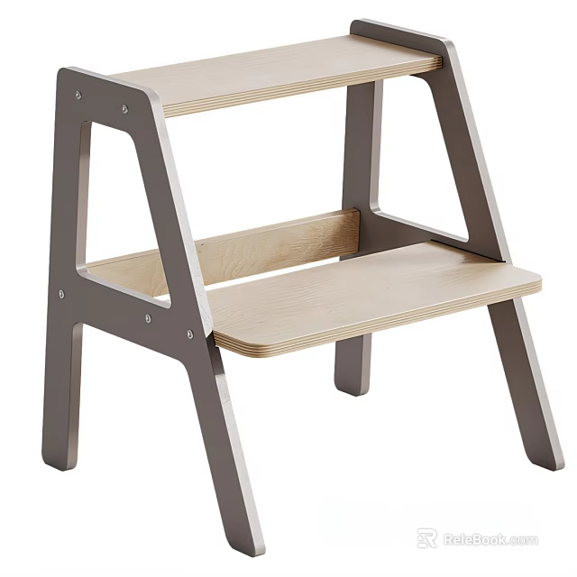 Two Step Stool With Wooden Steps And Sturdy Dark Frame For Home Use 3d model