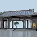 Traditional Chinese Entrance Gate With Classic Tile Roof Stone Lions and Surrounding Trees