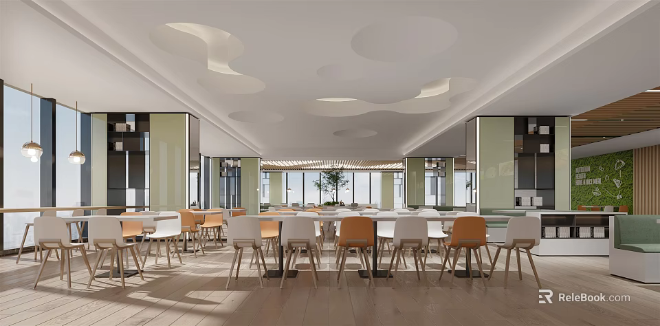 Modern Dining Hall Interior With Cloud Shaped Ceiling Green Pillars And Wooden Tables 3d model