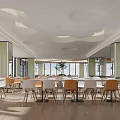 Modern Dining Hall Interior With Cloud Shaped Ceiling Green Pillars And Wooden Tables 3d model