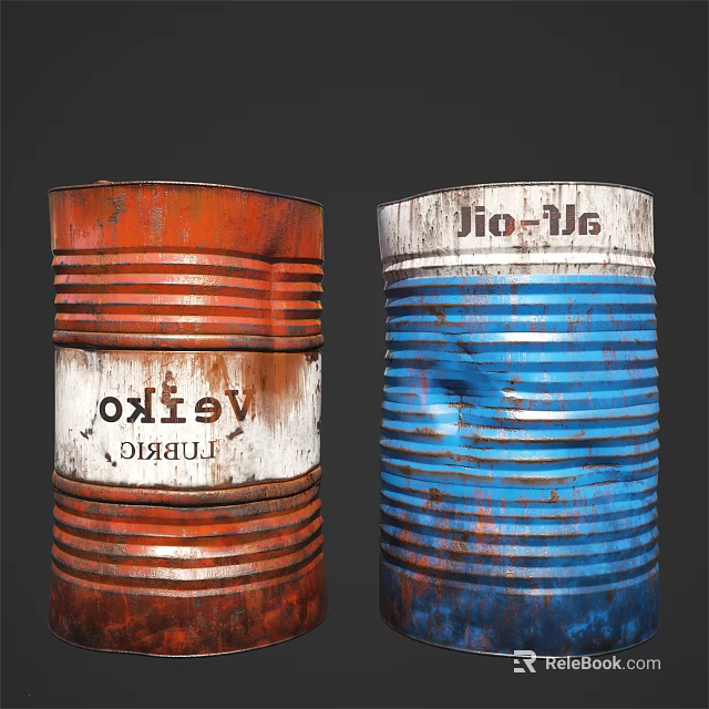 Industrial Equipment Featuring Red And Blue Lubricant Drums With Brand Labels 3d model 
