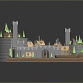 Cartoon Medieval Castle Village Design With Towers Cottages And Green Trees
