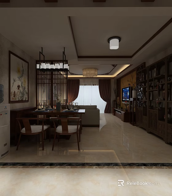 Traditional Chinese Restaurant Interior With Dining Table Chairs Hanging Chandelier And Wooden Screen 3d model 