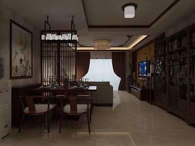 Traditional Chinese Restaurant Interior With Dining Table Chairs Hanging Chandelier And Wooden Screen 3d model
