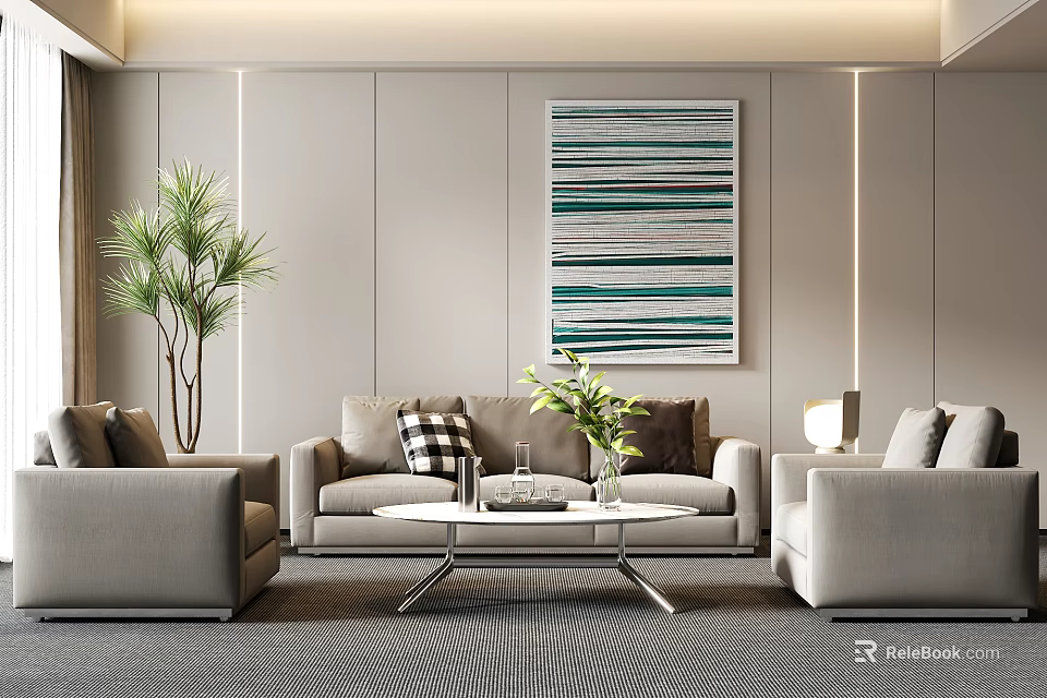 Elegant Modern Living Room Grey Sofa And Glass Coffee Table Set With Green Plant Painting 3d model 