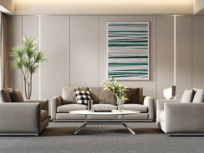 Elegant Modern Living Room Grey Sofa And Glass Coffee Table Set With Green Plant Painting 3d model