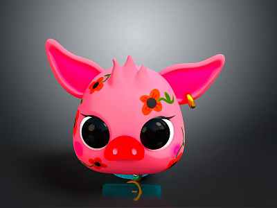 Cute Pink Cartoon Pig Character With Big Ears Large Eyes Red Nose And Flower Patterns 3d model