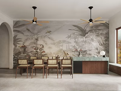 Tropical Plant Mural Restaurant Interior with Wooden Dining Chairs Ceiling Fans and Marble Counter 3d model
