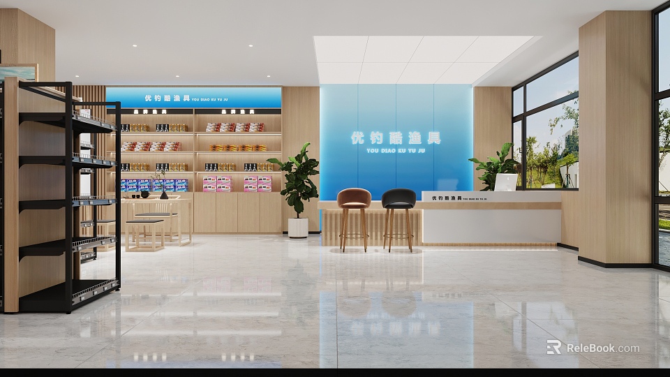 Modern Shop Front Desk Interior With Shelves Products Chairs And Windows 3d model 
