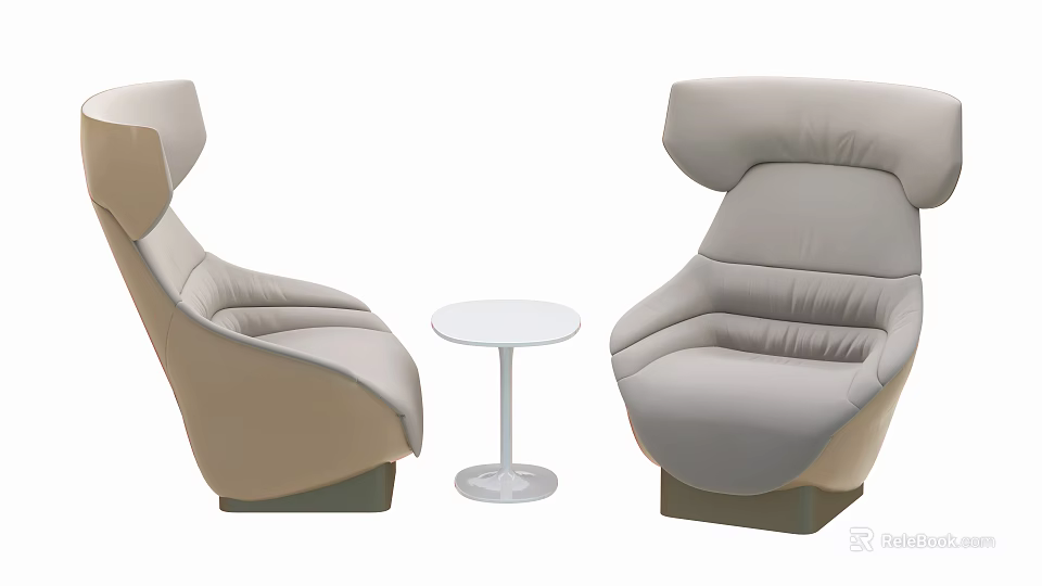 Two Modern Light Beige Lounge Chairs With Round White Side Table 3d model