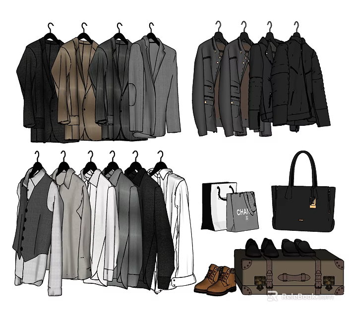 Trendy Clothing Collection With Coats Shirts Vests Handbags Shoes And Suitcase 3d model 