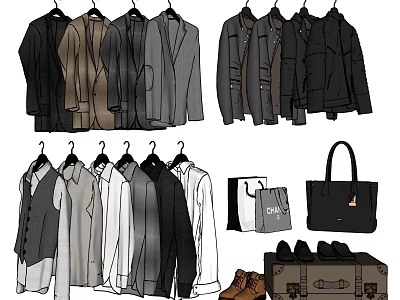 Trendy Clothing Collection With Coats Shirts Vests Handbags Shoes And Suitcase 3d model
