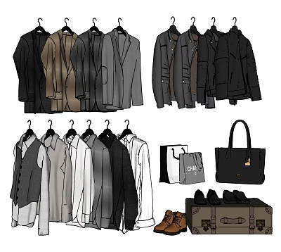 Trendy Clothing Collection With Coats Shirts Vests Handbags Shoes And Suitcase 3d model