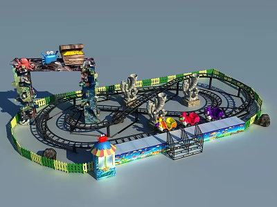 Vibrant Amusement Ride with Circular Track Cartoon Elements Fence and Light Decorations 3d model