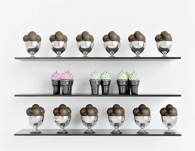Three Tier Black Shelves With Glass Cups Holding Brown Dessert Balls And Pink Green Cream 3d model