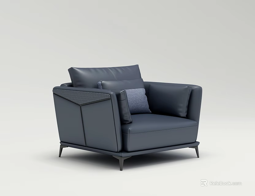 Modern Dark Blue Leather Single Sofa With Cushion And Black Legs 3d model